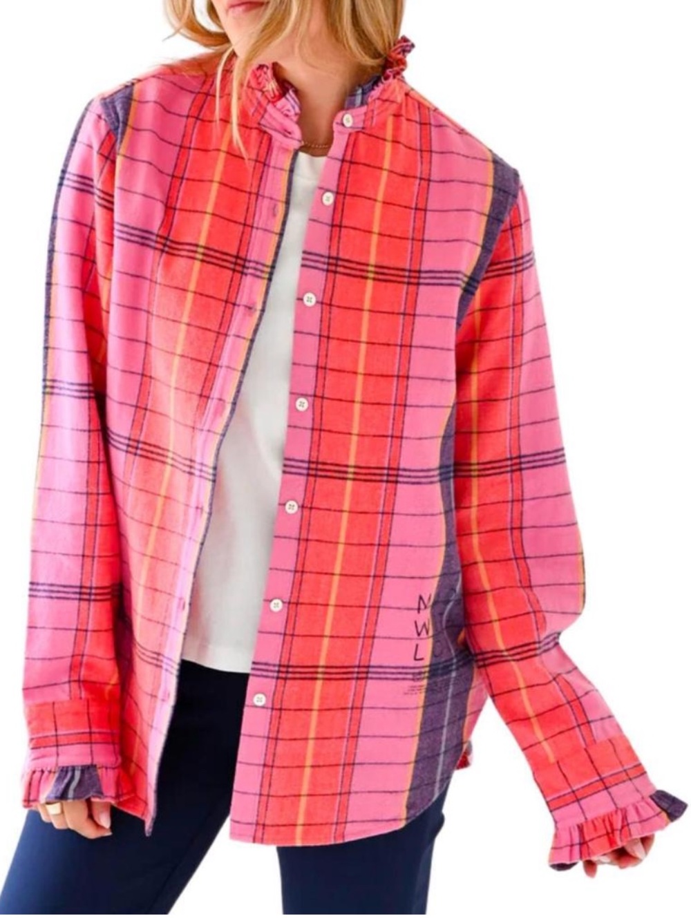 Kerri Rosenthal Mia Pink cabin Plaid Button-Up  flannel S Ruffle Collar shirt